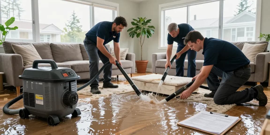 Water Damage Restoration Vancouver professionals extracting water from a flooded home, showcasing expertise and urgency.