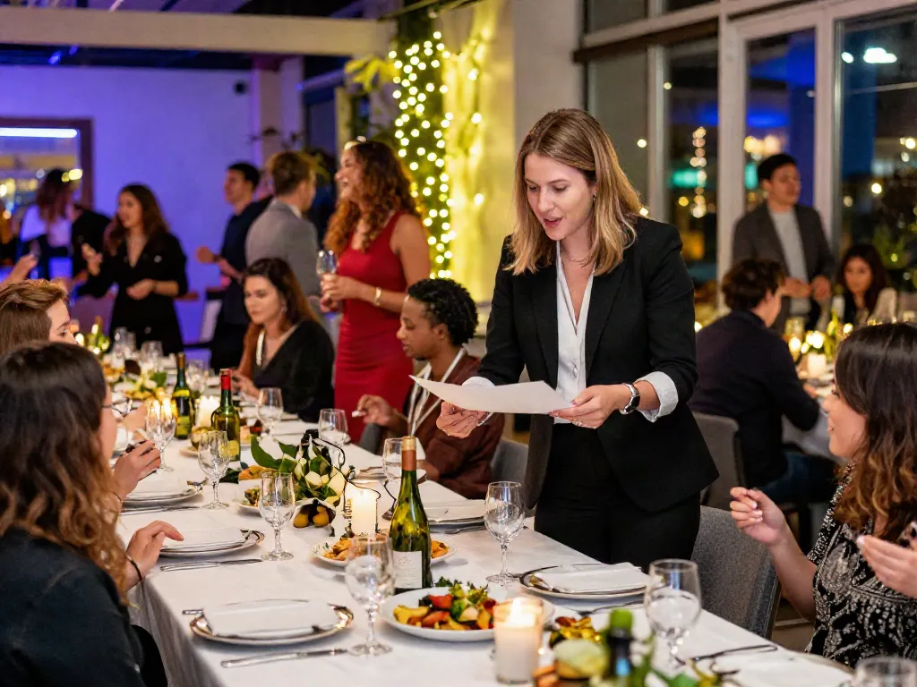 party planner mississauga coordinating an elegant event setup with guests celebrating in a vibrant atmosphere