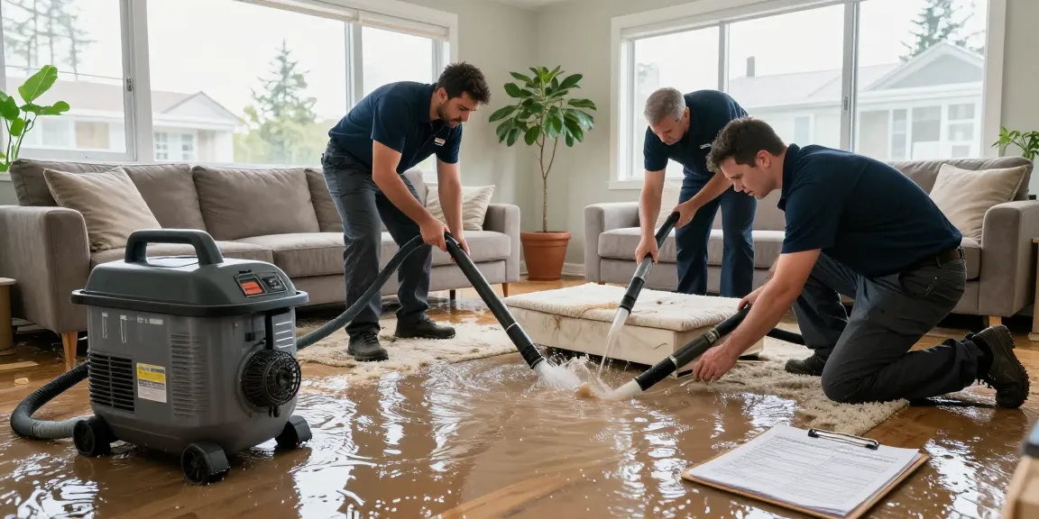 Water Damage Restoration Vancouver professionals extracting water from a flooded home, showcasing expertise and urgency.