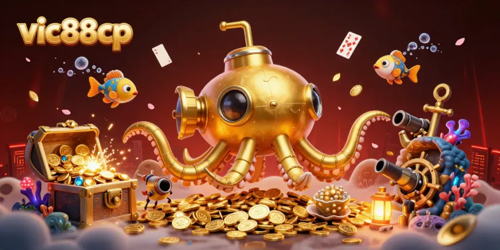 Experience gaming excitement with vic88cp's vibrant underwater casino adventure, featuring a golden kraken submarine.