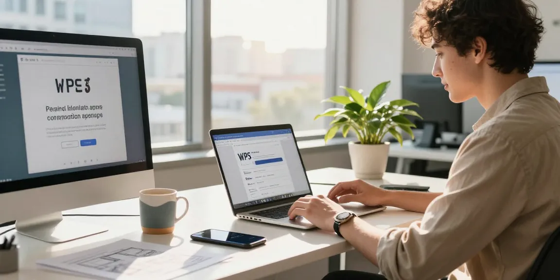 Young professional accessing WPS Download on a modern office desk with city view.