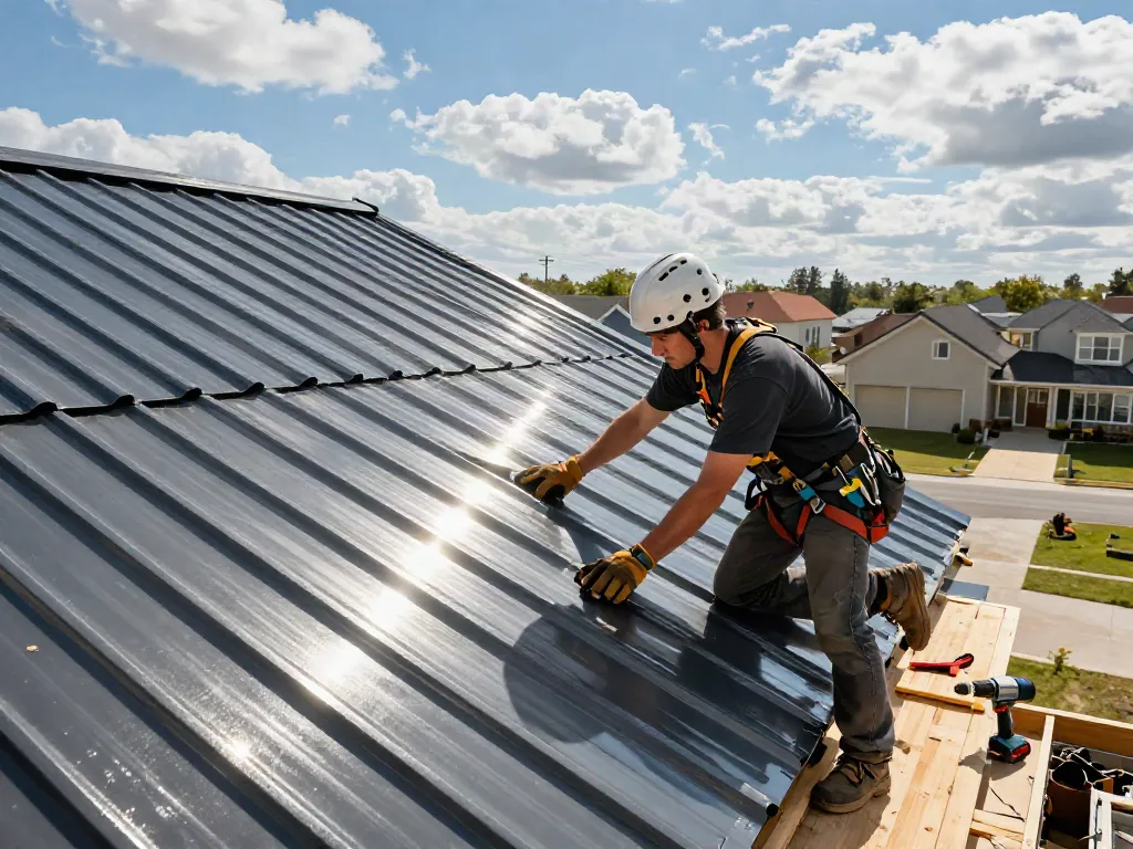 Expert installing M Roof metal roofing on a sunny residential property, showcasing skills and quality.