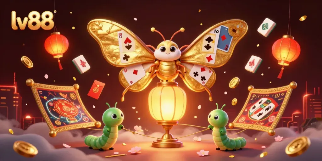 Experience the vibrant world of lv88 with a glowing moth and casino elements!