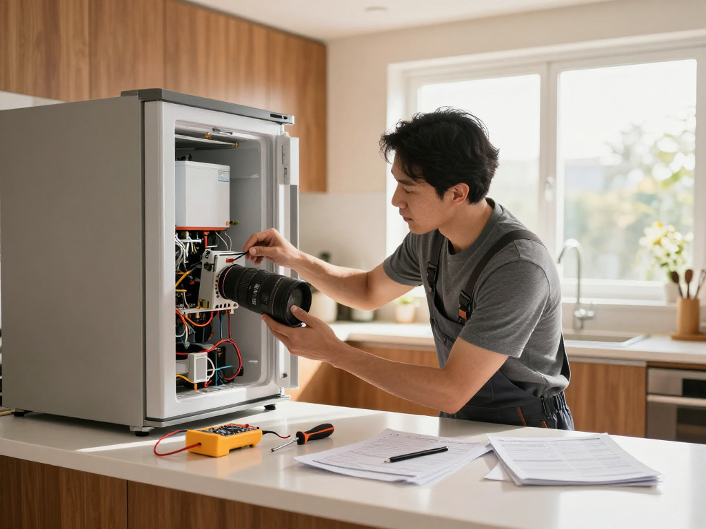 Expert technician performing appliance service in a bright kitchen