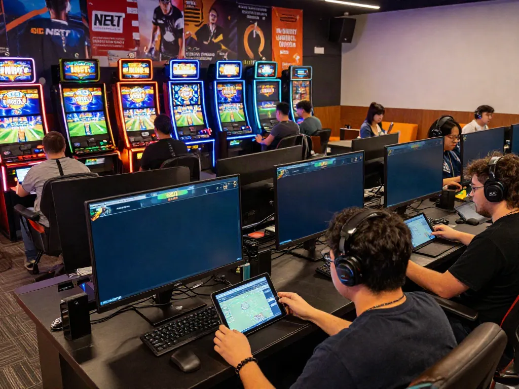Players enjoying various games at NBET's vibrant gaming hub with live sports betting.
