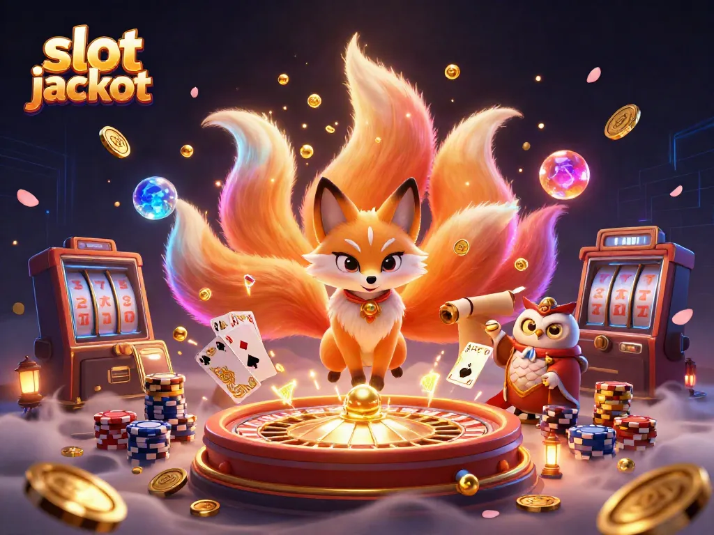 Experience the excitement of slot jackpots with a colorful scene of gaming elements and mystical spirits.
