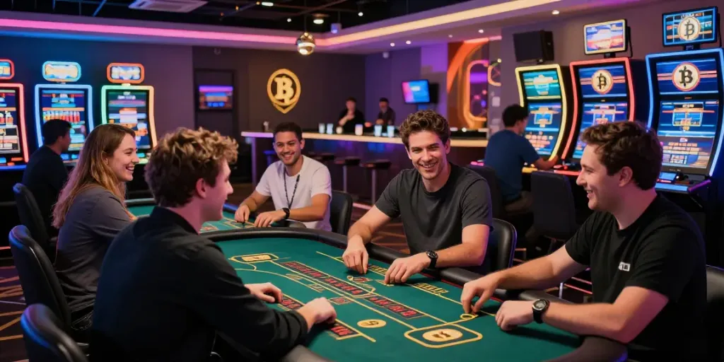 Crypto casino Canada that accepts bitcoin, lively gaming scene with players and bright decor.