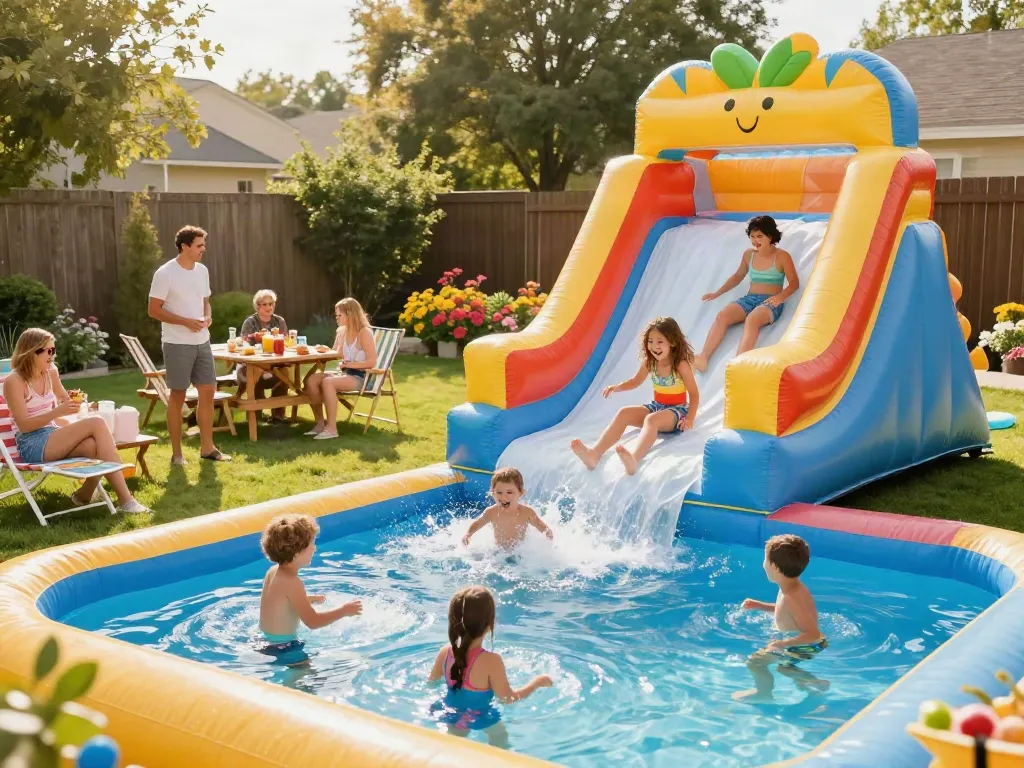 Children enjoying a colorful inflatable water slide on a sunny day, surrounded by lush greenery and cheerful ambiance.