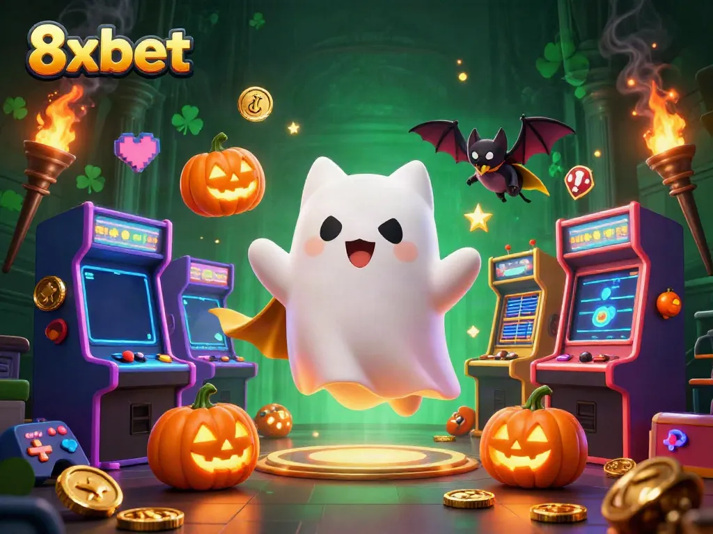 Experience thrilling gaming opportunities with 8xbet, where a cartoon ghost cat and glowing icons create an enchanting casino atmosphere.