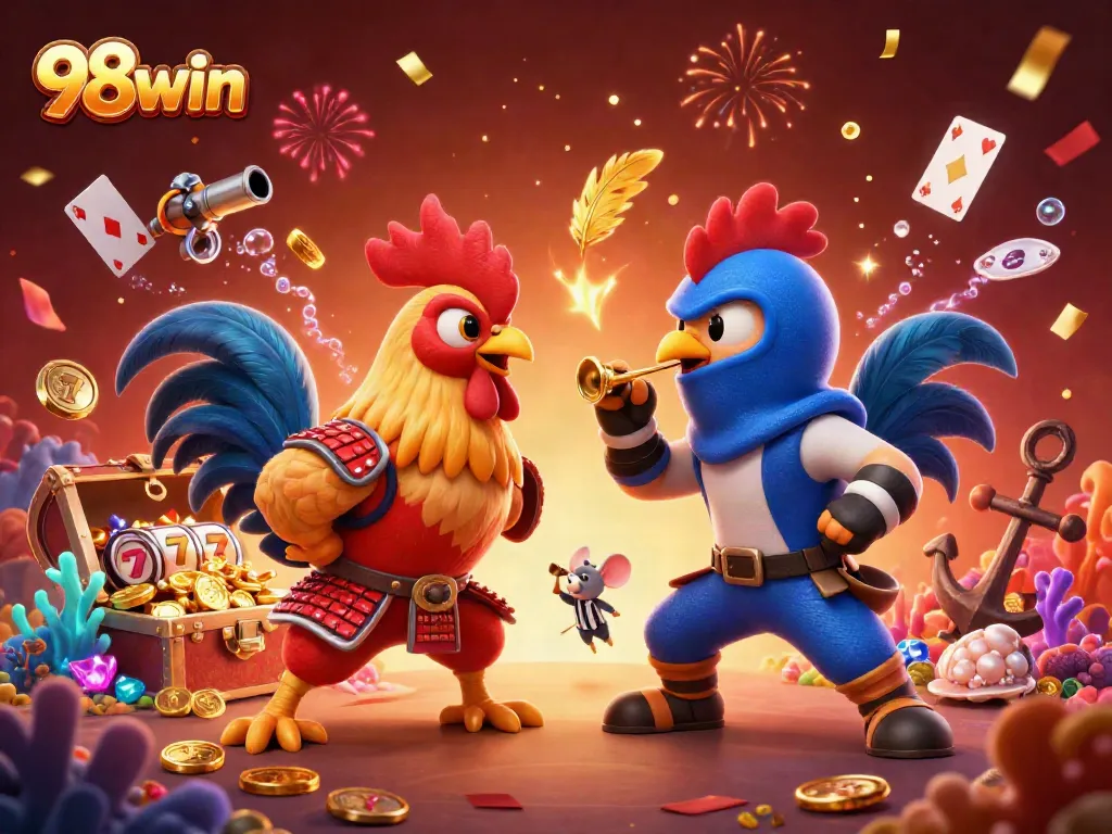 Engage in thrilling matches with 98win's dynamic casino games featuring fighting roosters in dramatic standoff.