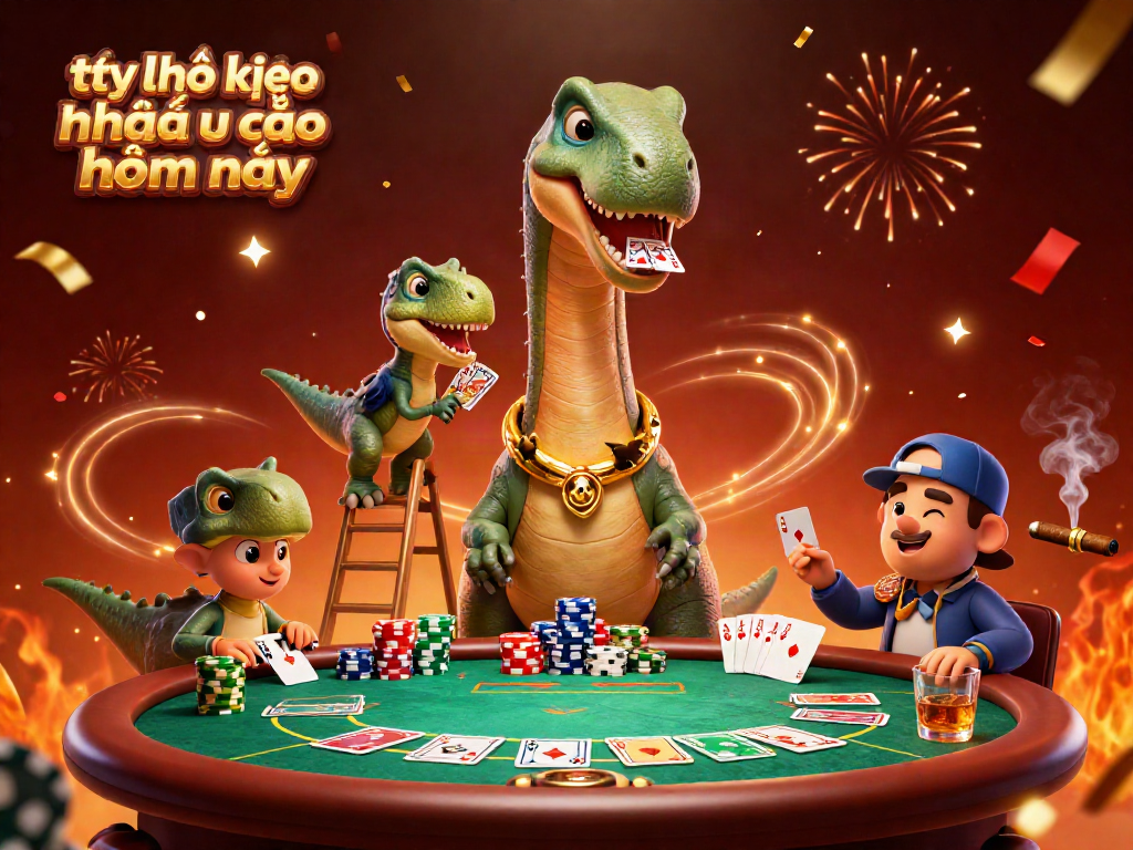 Engage in thrilling action with tỷ lệ kèo nhà cái hôm nay, as a brontosaurus towers over a poker table in a vibrant 3D scene.