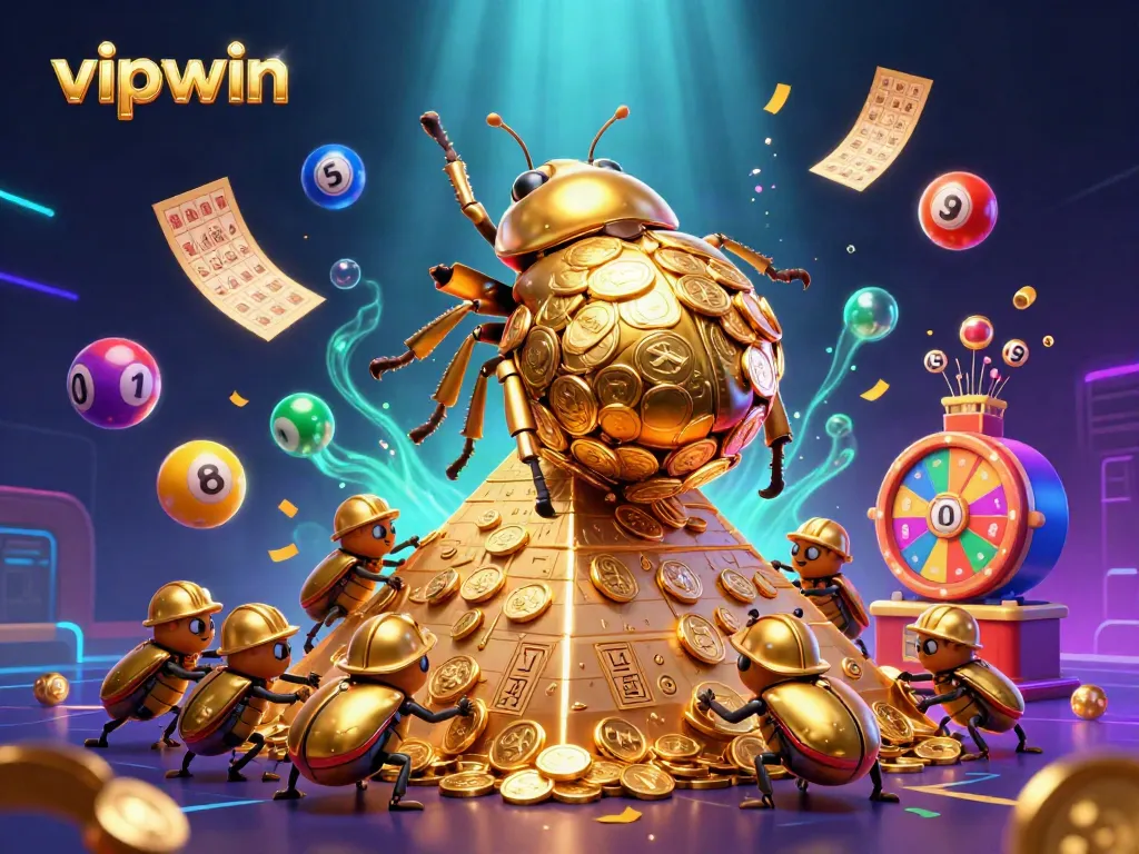 Engage with vipwin's vibrant gaming scene featuring golden beetles and colorful lottery elements.