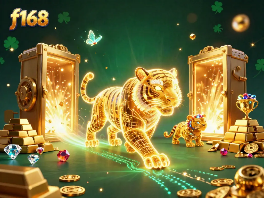 Play thrilling games at f168's vibrant digital casino filled with golden treasures and whimsical holographic elements.