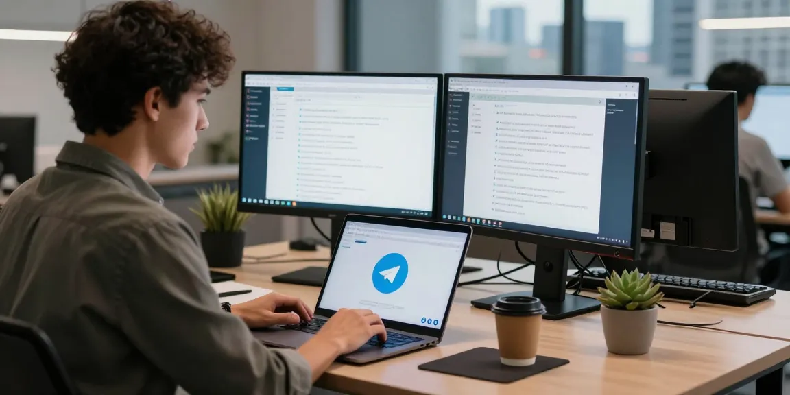 Telegram download in a modern workspace with a professional using a laptop, showcasing a dynamic communication environment.