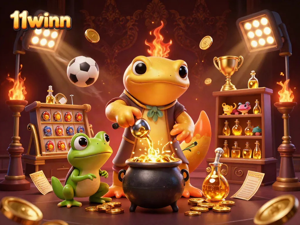 Engaging scene depicting the 11winn alchemist creating gold coins with dynamic sports betting elements.
